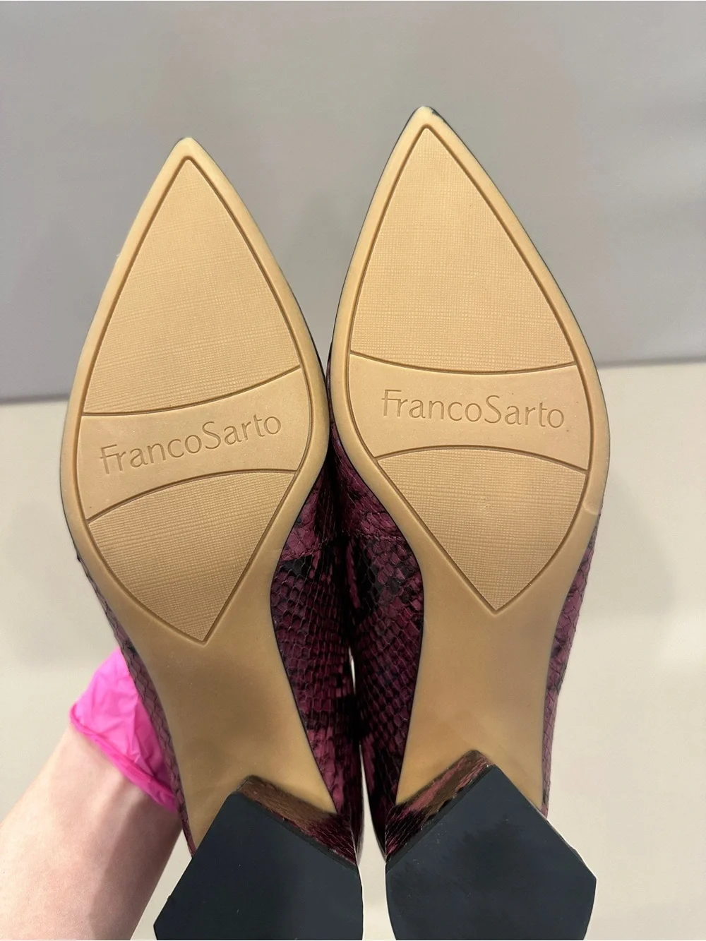 Franco Sarto Pointed Mid-Heel Pumps in Burgundy Snake Print